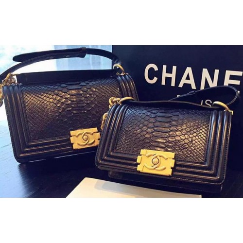 Chanel Boy Flap Shoulder Bag Black Python Leather A66094 Gold