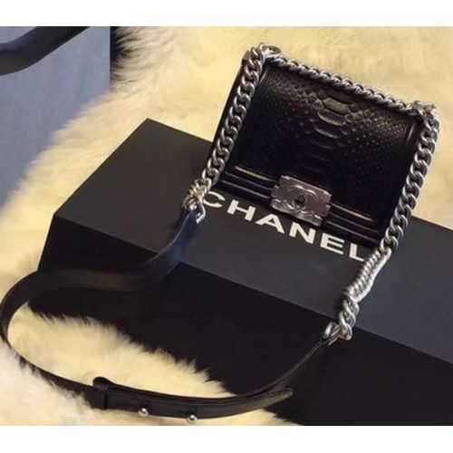 Chanel Boy Flap Shoulder Bag Black Python Leather A66094 Silver