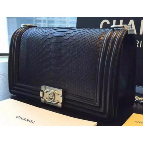 Chanel Boy Flap Shoulder Bag Black Python Leather A66095 Silver