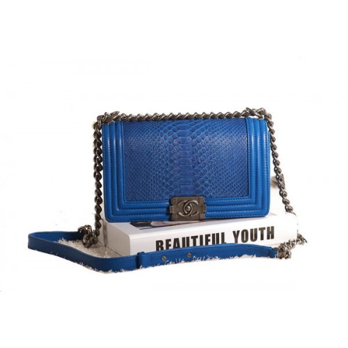 Chanel Boy Flap Shoulder Bag Blue Original Snake Leather A67086 Silver