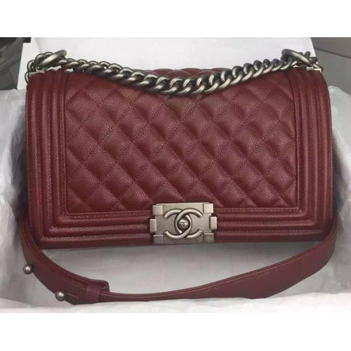 Chanel Boy Flap Shoulder Bag Burgundy Original Calfskin Leather A8708 Silver