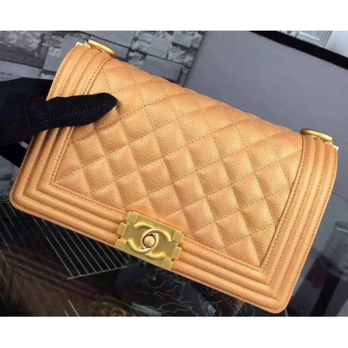 Chanel Boy Flap Shoulder Bag Gold Original Calfskin Leather A8708 Gold