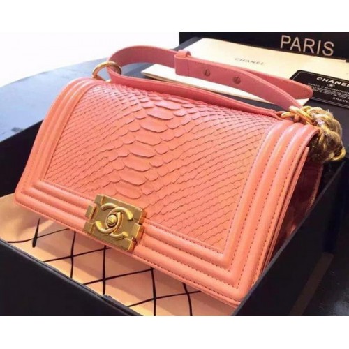 Chanel Boy Flap Shoulder Bag Pink Python Leather A66095 Gold