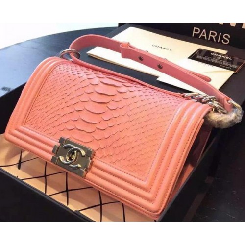 Chanel Boy Flap Shoulder Bag Pink Python Leather A66095 Silver