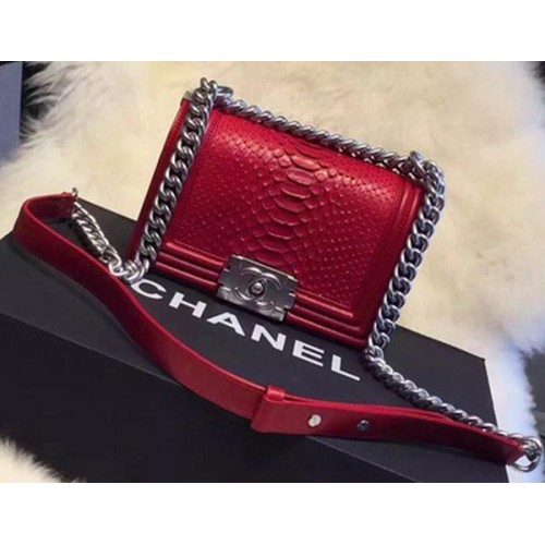 Chanel Boy Flap Shoulder Bag Python Leather A66094 Dark Red