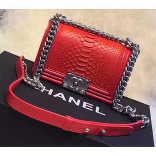 Chanel Boy Flap Shoulder Bag Python Leather A66094 Red