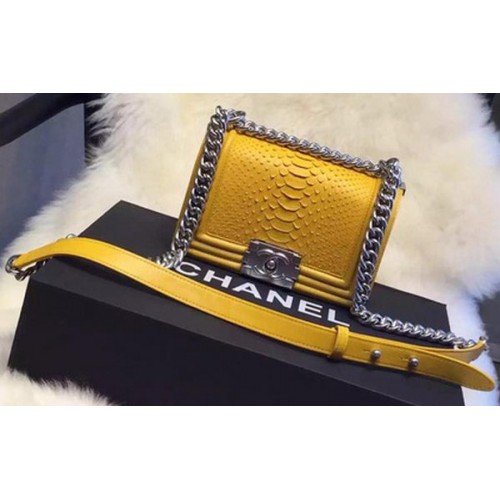 Chanel Boy Flap Shoulder Bag Python Leather A66094 Yellow