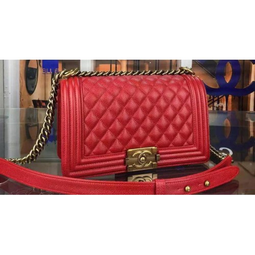 Chanel Boy Flap Shoulder Bag Red Original Calfskin Leather A8708 Bronze