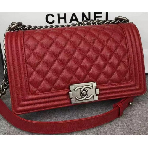 Chanel Boy Flap Shoulder Bag Red Original Calfskin Leather A8708 Silver