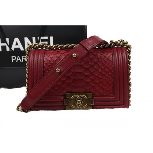 Chanel Boy Flap Shoulder Bag Red Original Python Leather A67085 Gold