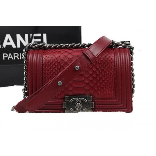 Chanel Boy Flap Shoulder Bag Red Original Python Leather A67085 Silver