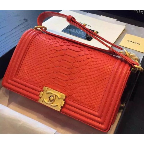 Chanel Boy Flap Shoulder Bag Red Python Leather A66095 Gold