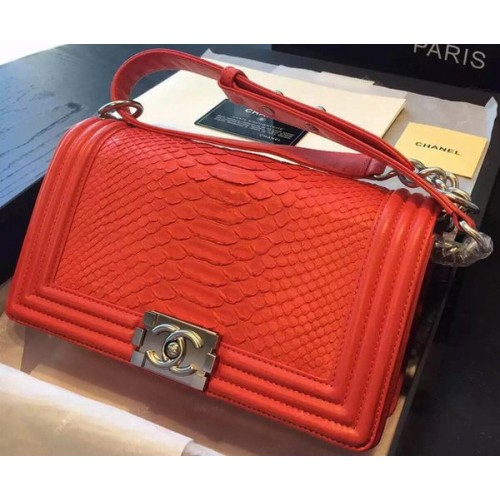 Chanel Boy Flap Shoulder Bag Red Python Leather A66095 Silver