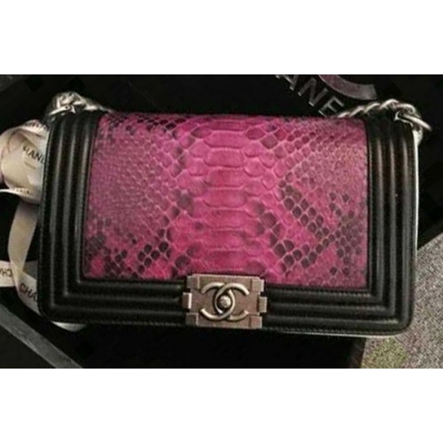 Chanel Boy Flap Shoulder Bag Rose Python Leather A66095 Silver