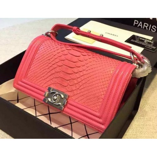 Chanel Boy Flap Shoulder Bag Rosy Python Leather A66095 Silver