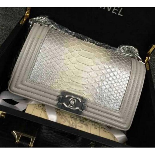 Chanel Boy Flap Shoulder Bag Silver Python Leather A66095 Silver