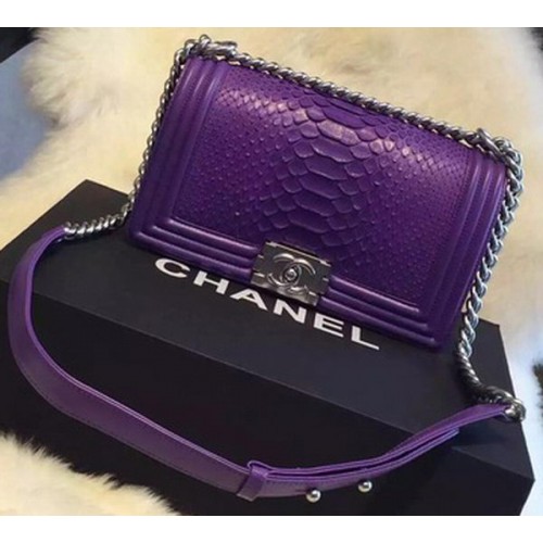 Chanel Boy Flap Shoulder Bag Violet Python Leather A66095 Silver