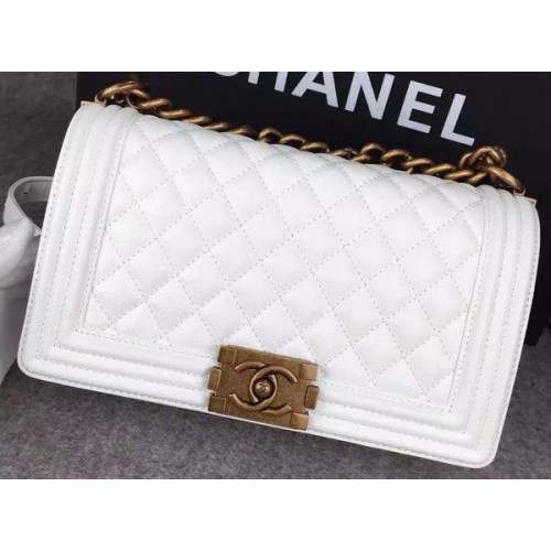 Chanel Boy Flap Shoulder Bag White Original Calfskin Leather A8708 Bronze