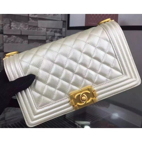Chanel Boy Flap Shoulder Bag White Original Calfskin Leather A8708 Gold