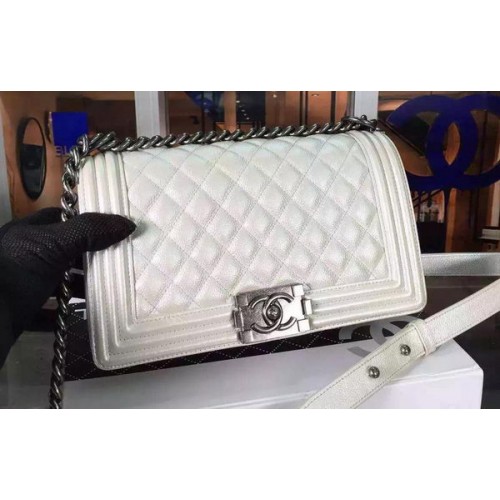 Chanel Boy Flap Shoulder Bag White Original Calfskin Leather A8708 Silver