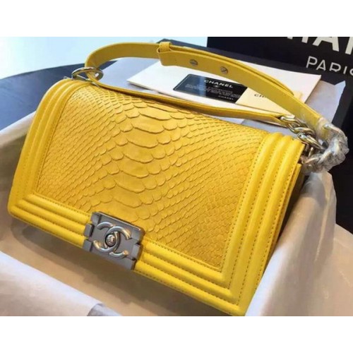 Chanel Boy Flap Shoulder Bag Yellow Python Leather A66095 Silver