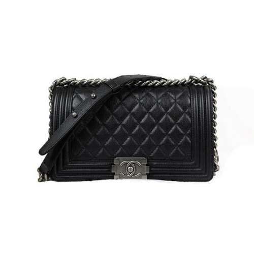 Chanel Boy Flap Shoulder Bag in Black Original Deerskin Leather A67025 Silver