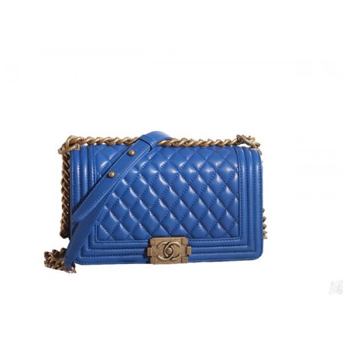 Chanel Boy Flap Shoulder Bag in Blue Lambskin Leather A67086 Gold