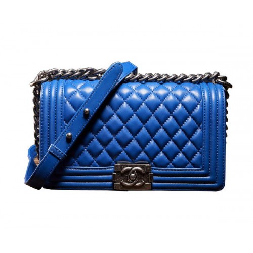 Chanel Boy Flap Shoulder Bag in Blue Lambskin Leather A67086 Silver
