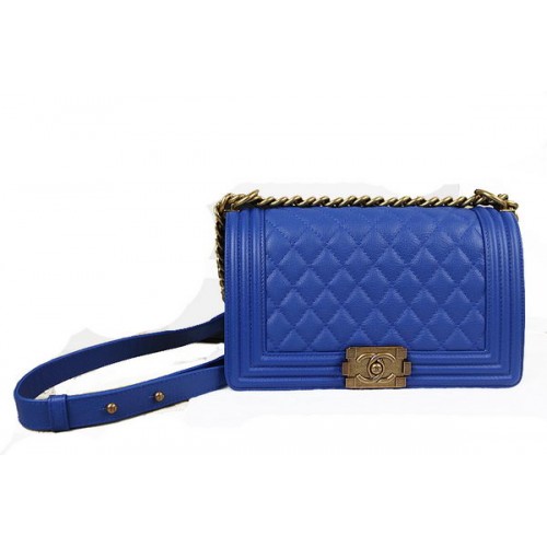 Chanel Boy Flap Shoulder Bag in Blue Original Deerskin Leather A67025 Gold