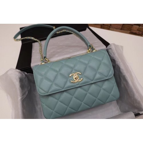Chanel CC original lambskin top handle flap bag 92236 green&Gold-Tone Metal