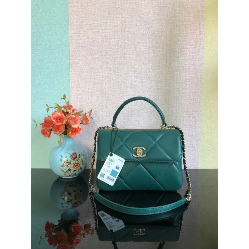 Chanel CC original lambskin top handle flap bag A92236 dark green&Gold-Tone Metal