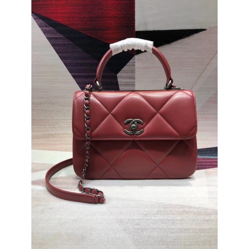 Chanel CC original lambskin top handle flap bag A92236 red&silver-Tone Metal