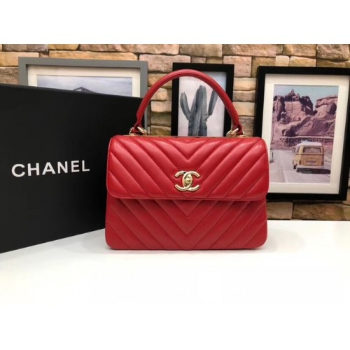 Chanel CC original lambskin top handle flap bag V92236 red&Gold-Tone Metal