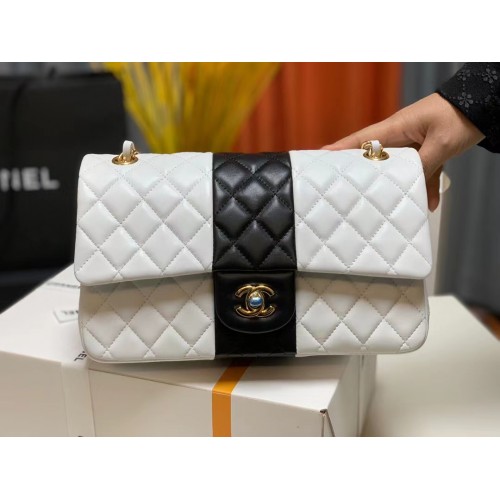 Chanel CLASSIC HANDBAG Lambskin Gold Metal A01112 White Black