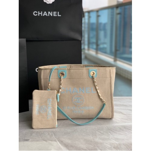 Chanel Canvas Shopping Bag 67001 Beige&sky blue