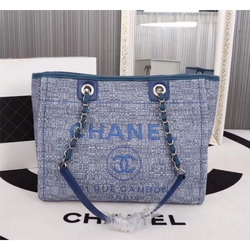 Chanel Canvas Shopping Bag Calfskin Silver-Tone Metal A23556 blue