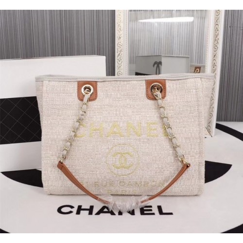 Chanel Canvas Shopping Bag Calfskin Silver-Tone Metal A23556 creamy