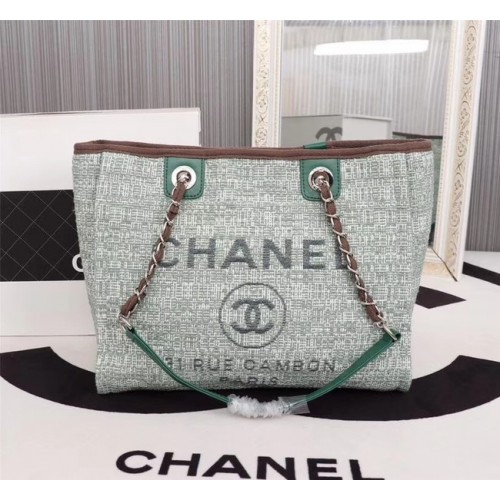 Chanel Canvas Shopping Bag Calfskin Silver-Tone Metal A23556 green