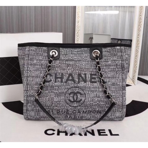 Chanel Canvas Shopping Bag Calfskin Silver-Tone Metal A23556 grey