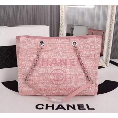Chanel Canvas Shopping Bag Calfskin Silver-Tone Metal A23556 pink