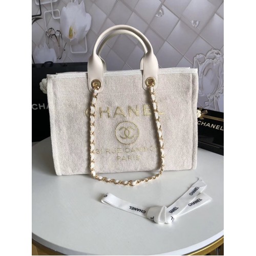 Chanel Canvas Shoulder Shopping Bag 66941 white