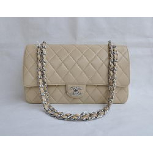 Chanel Classic 2.55 Series Apricot Lambskin Silver Chain Quilted Flap Bag 1113