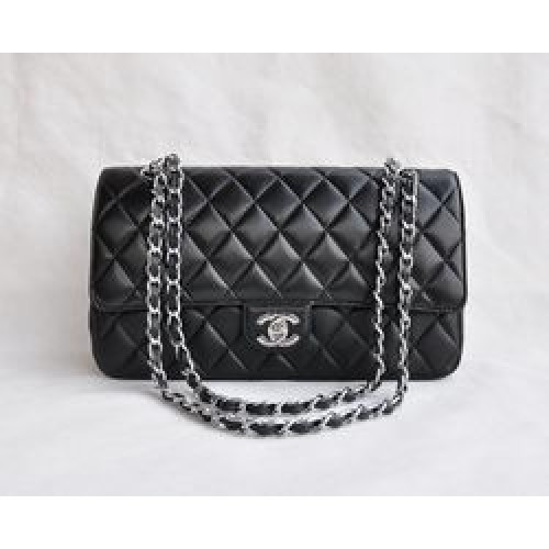 Chanel Classic 2.55 Series Black Lambskin Silver Chain Quilted Flap Bag 1113