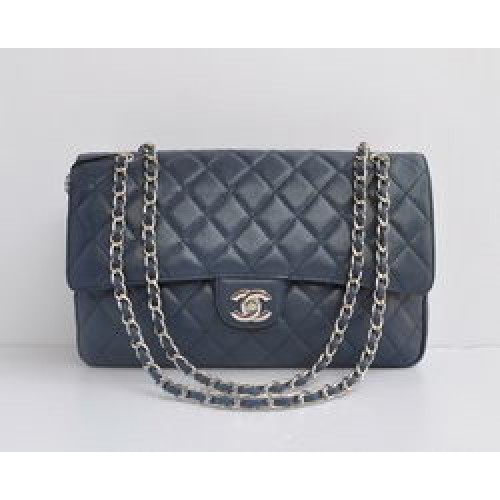 Chanel Classic 2.55 Series Light Blue Caviar Silver Chain Quilted Flap Bag 1113