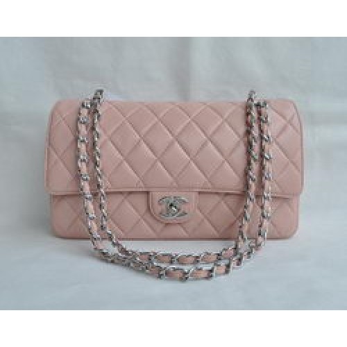 Chanel Classic 2.55 Series Pink Lambskin Silver Chain Quilted Flap Bag 1113
