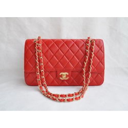 Chanel Classic 2.55 Series Red Lambskin Golden Chain Quilted Flap Bag 1113