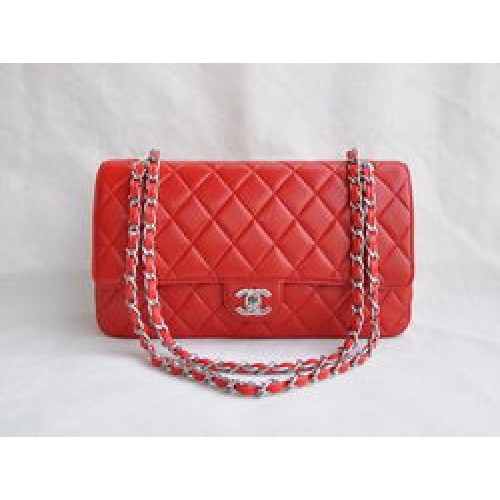 Chanel Classic 2.55 Series Red Lambskin Silver Chain Quilted Flap Bag 1113