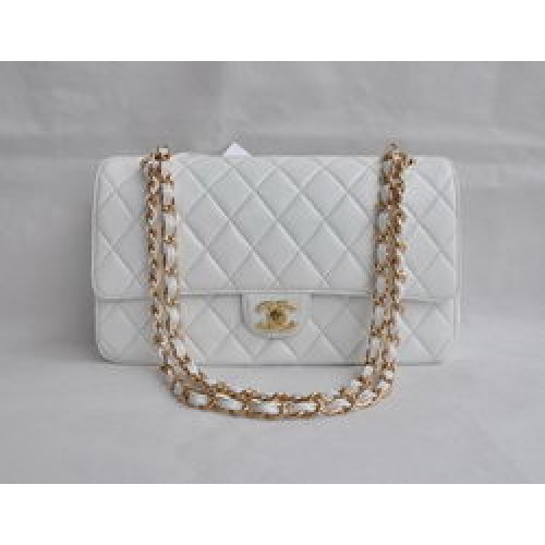 Chanel Classic 2.55 Series White Lambskin Golden Chain Quilted Flap Bag 1113