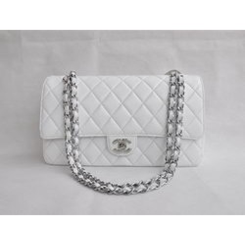 Chanel Classic 2.55 Series White Lambskin Silver Chain Quilted Flap Bag 1113