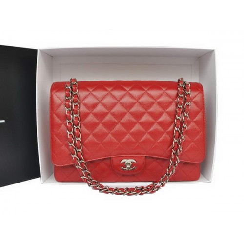 Top Quality Chanel Classic A36070 Red Original Grain Leather Large Flap Bag Silver
